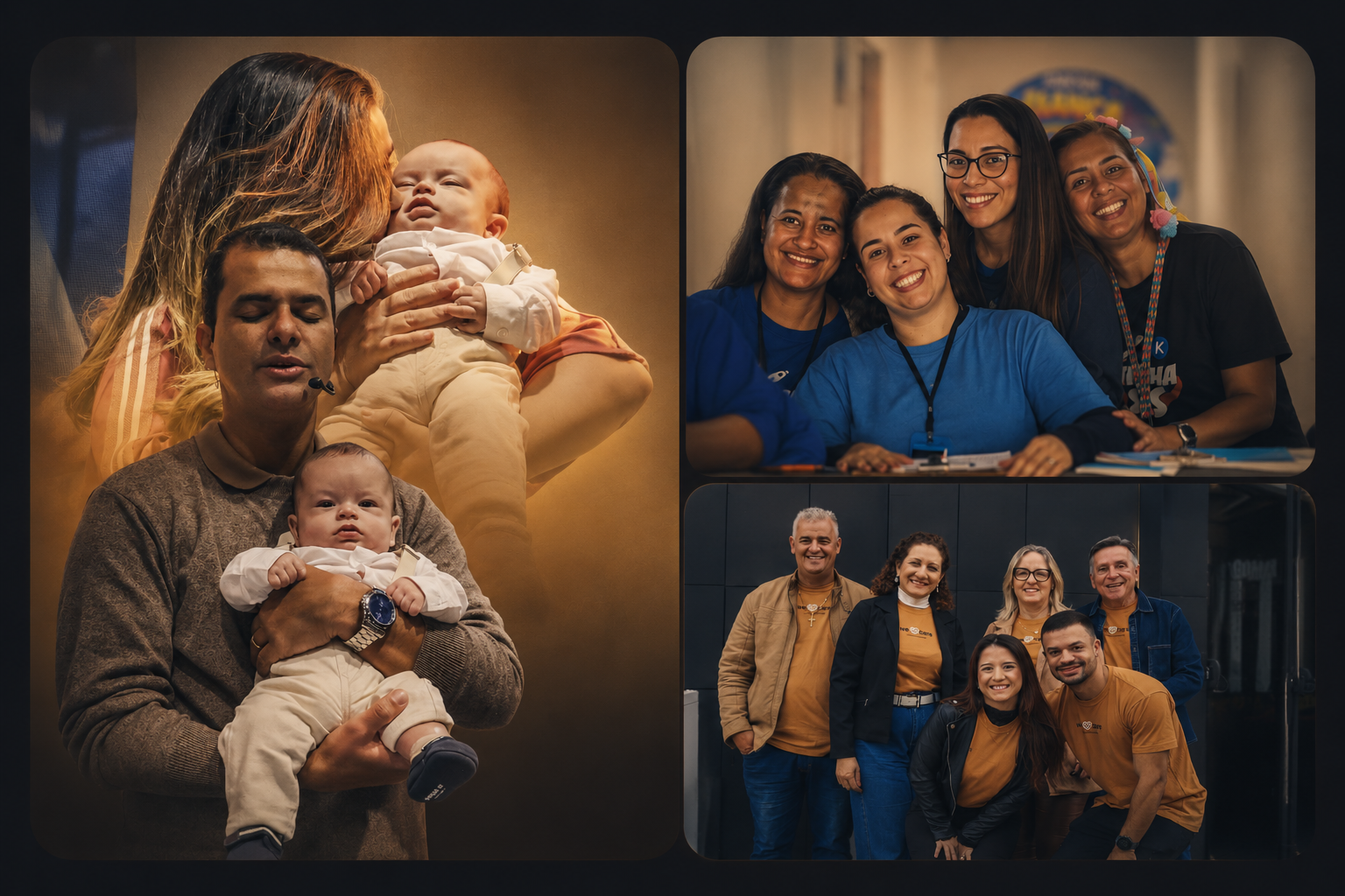 Pessoas reunidas em momentos de cuidado e serviço da igreja
